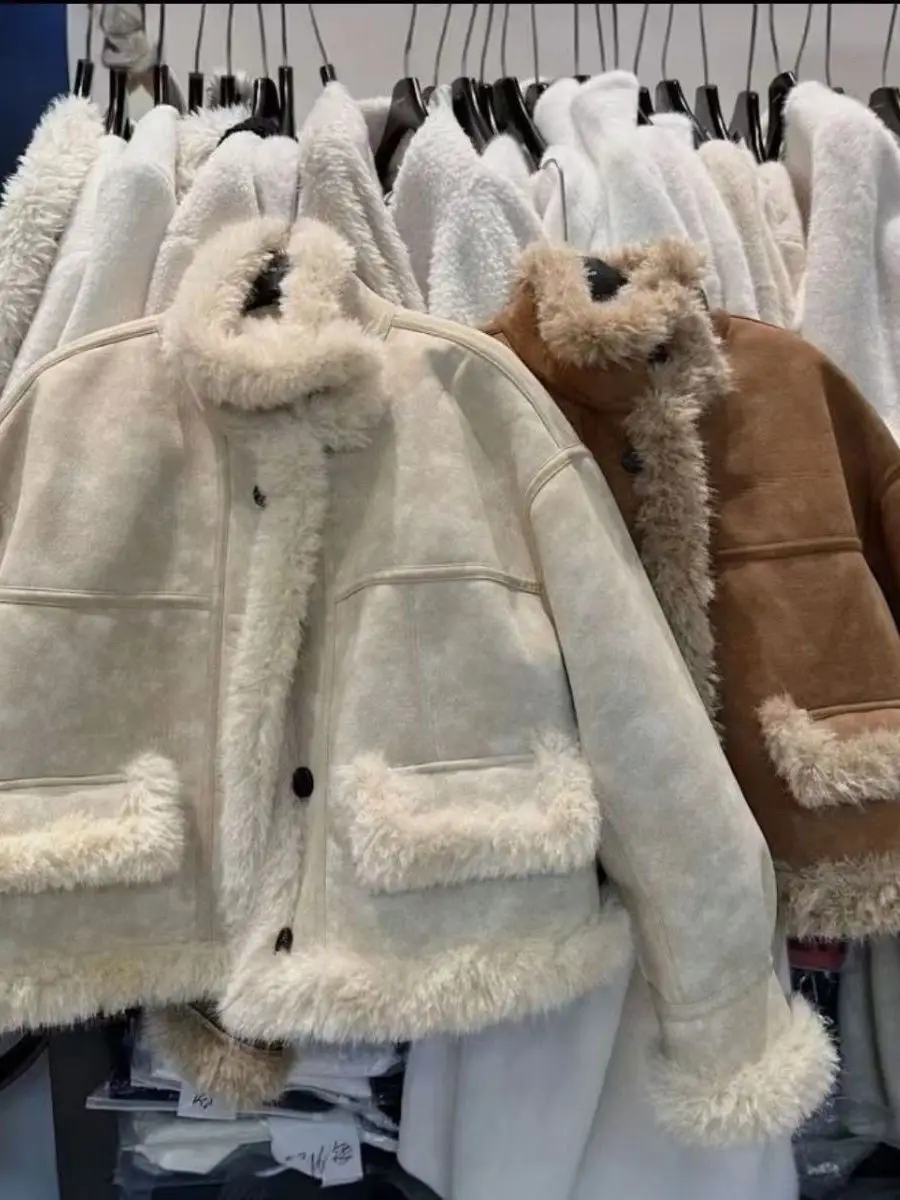 

Lamb Fur Thickened Integrated Jacket 2025 Winter New Fashion Motorcycle Top Warm Fleece Lined Outerwear Women's Coat