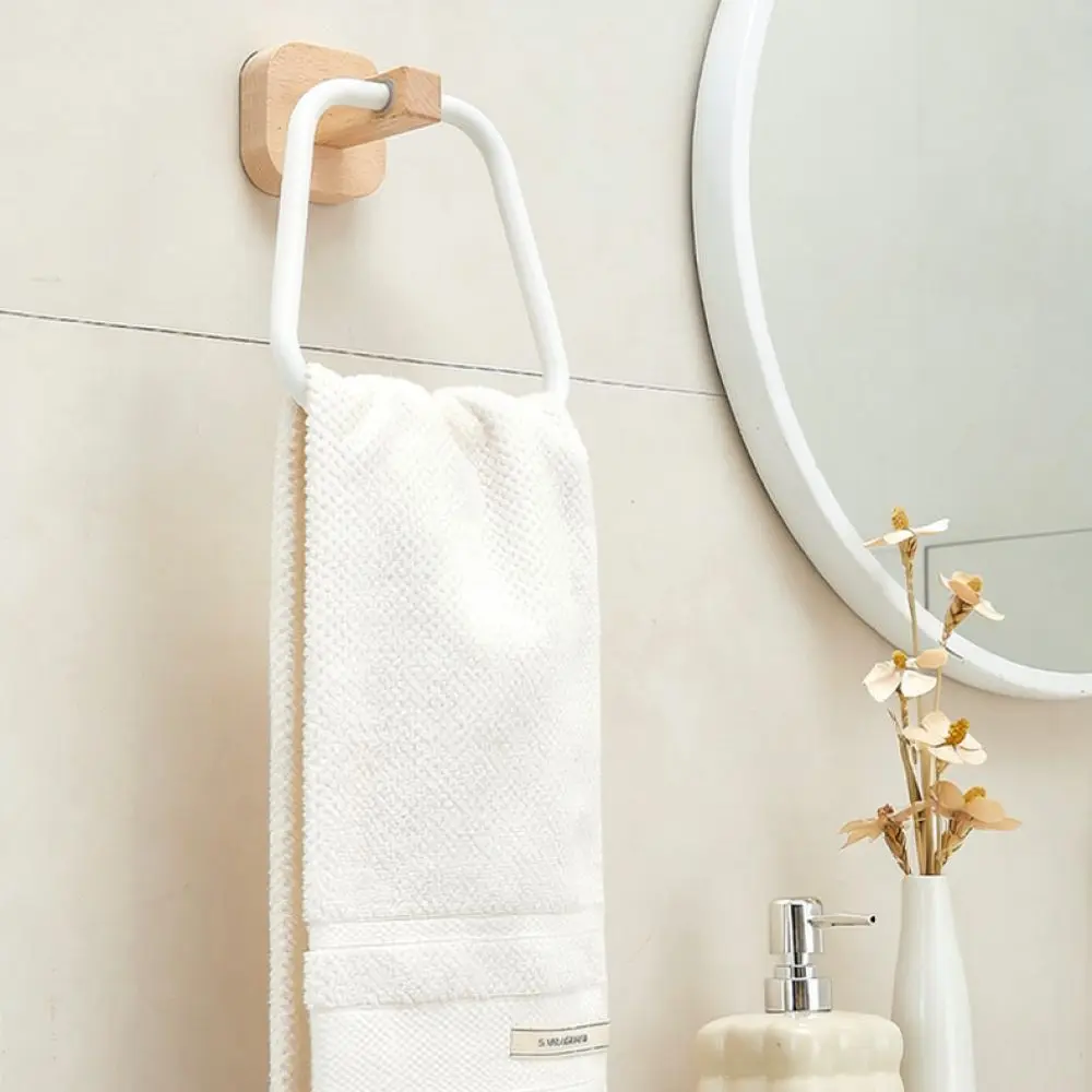 Rotating Towel Ring Wall Mount Wooden Bathroom Holder Punch Free Hand Towel Rack Minimalist Organizer For Modern Toilet