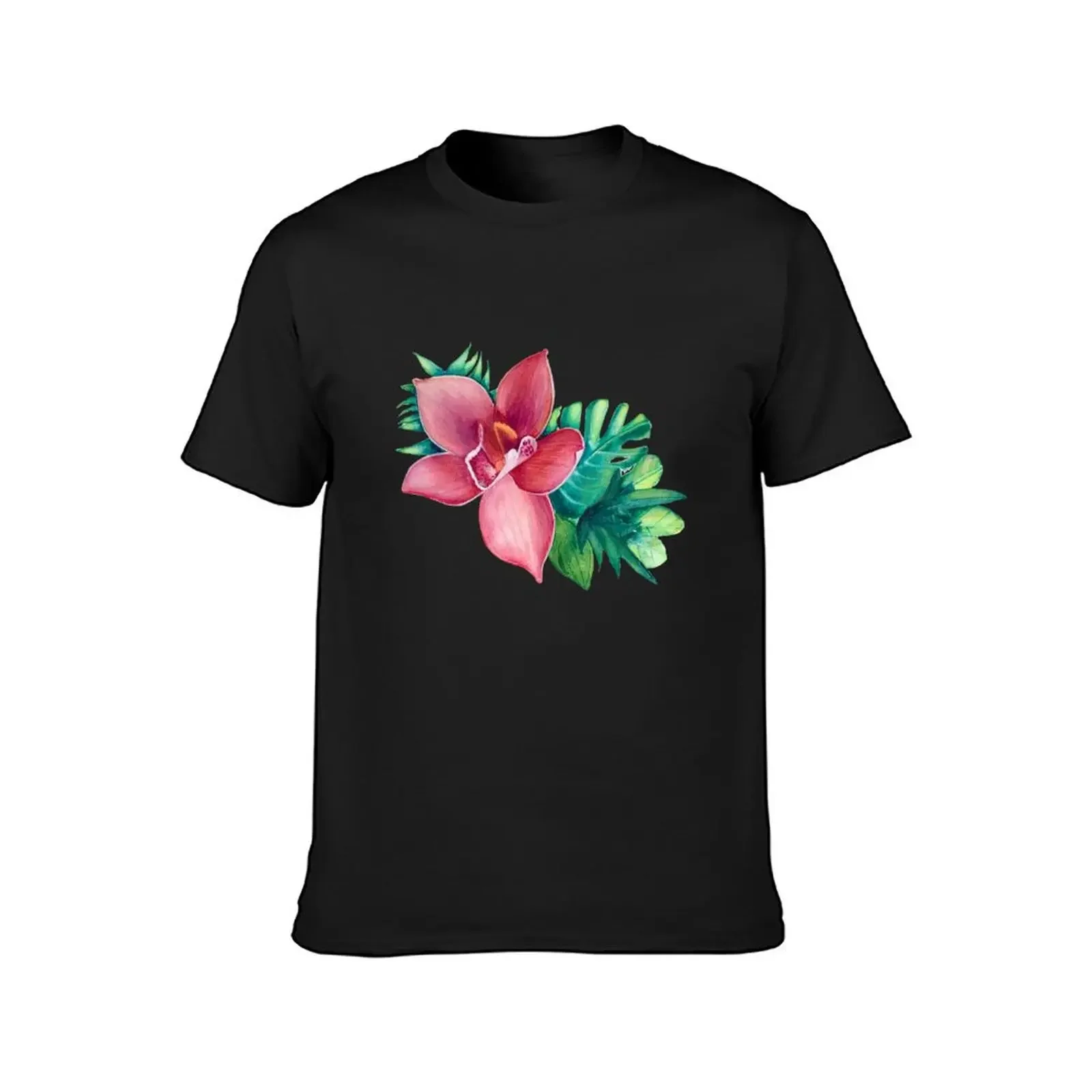 Pink watercolor Orchid - black background by Linda Sholberg T-Shirt tops hippie clothes street wear mens fashion