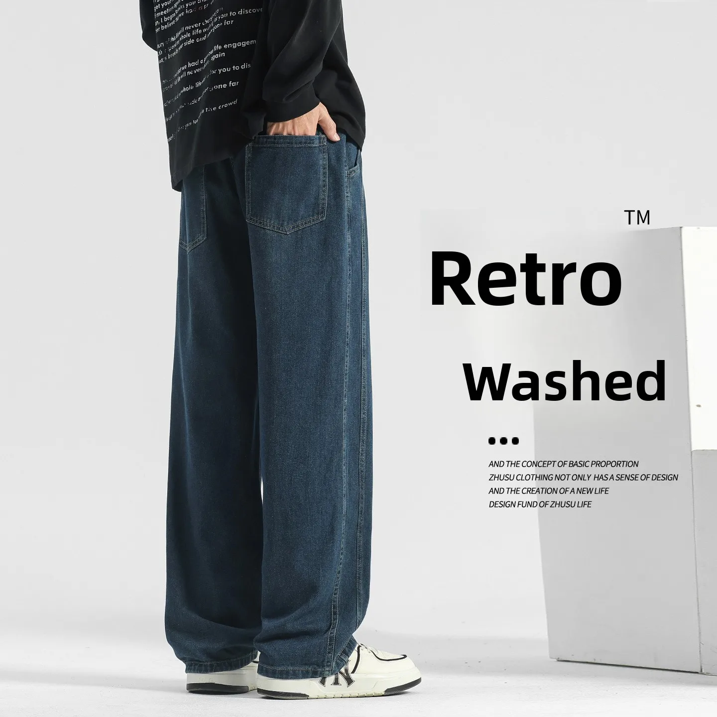 

Retro Washed Men's Denim Jeans Winter Fleece Wide Leg Loose Straight Casual Pants Autumn Winter Sweatpants