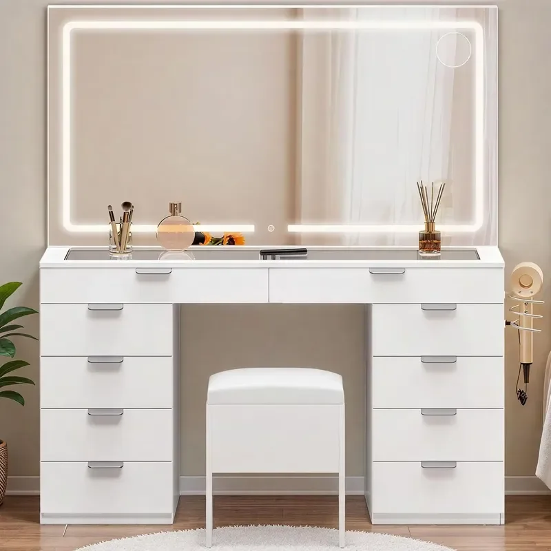 Bedroom Classic Dressing Table with LED Mirror Modern Standing Vanity Dressing Table with Lights for Bedroom and Apartment