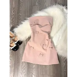 Spring Pink Strapless Mini Dress Women Bow Design Elegant Slim Fit Stylish Dress Comfortable Party Casual Dress Female 2025 New