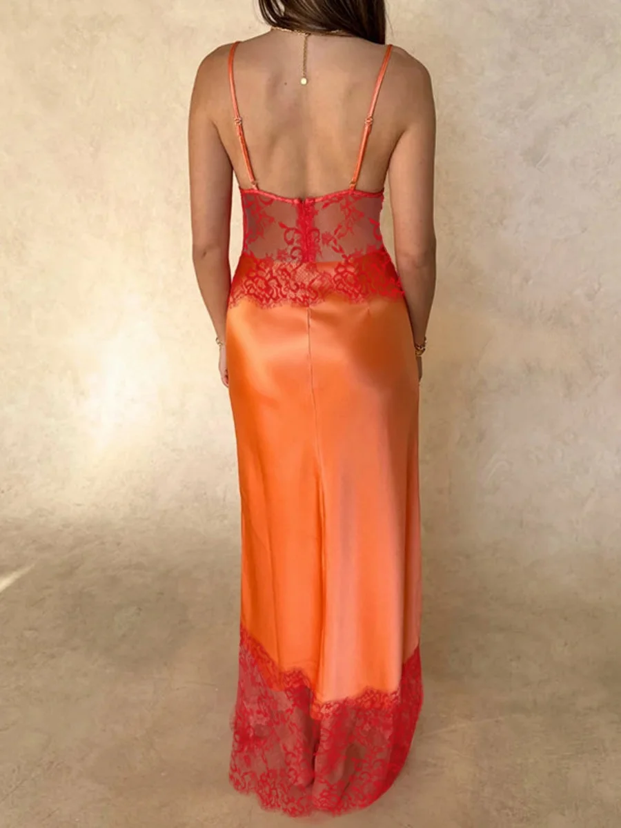 ชุดเดรสสายเดี่ยวลูกไม้เซ็กซี่สำหรับผู้หญิง ซีทรู ดีไซน์หรูหรา แขนกุด ยาวแบบแม็กซี่ เหมาะสำหรับวันหยุดพักผ่อน งานปาร์ตี้ แฟชั่นสำหรับสุภาพสตรี