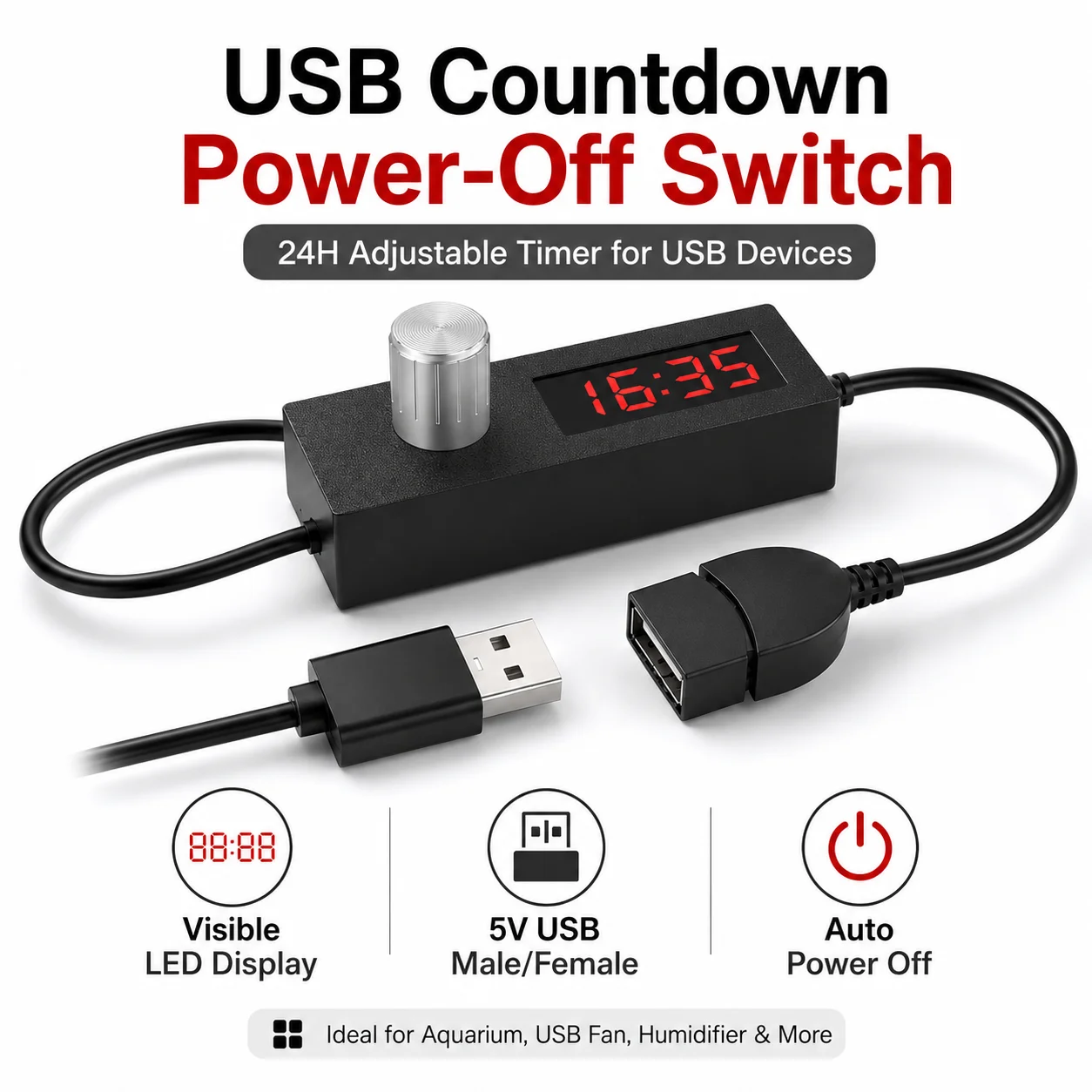 USB 24H Countdown Timer Power Off Switch 5V Adjustable Auto Shut Off Controller Cable for Aquarium Pump Fan LED Light
