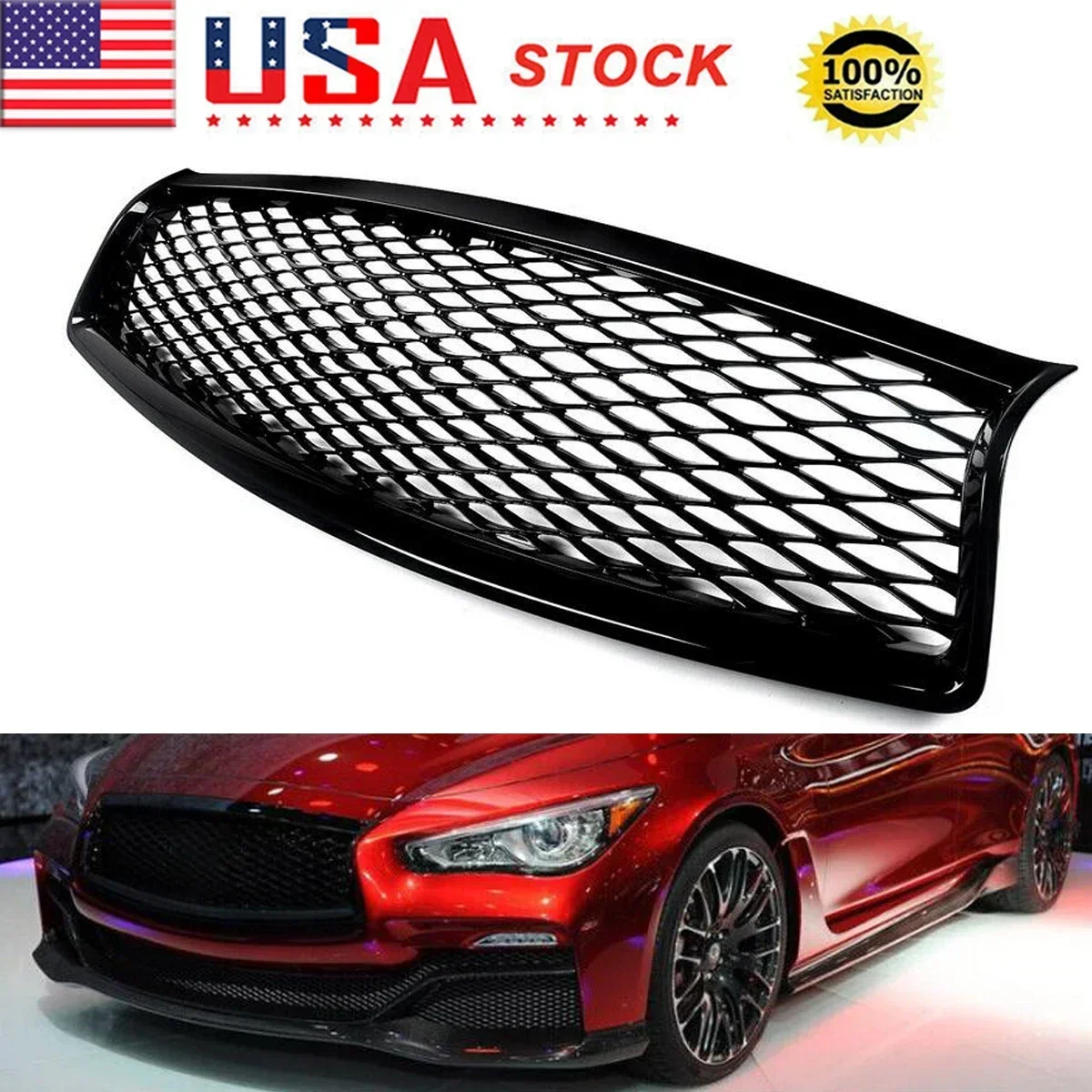 Fit Infiniti Q50 Sedan 2014-2017 Gloss Black Replace Front Upper Bumper Grille 62310-4HB1B, IN1200119, 62310-4HB1A