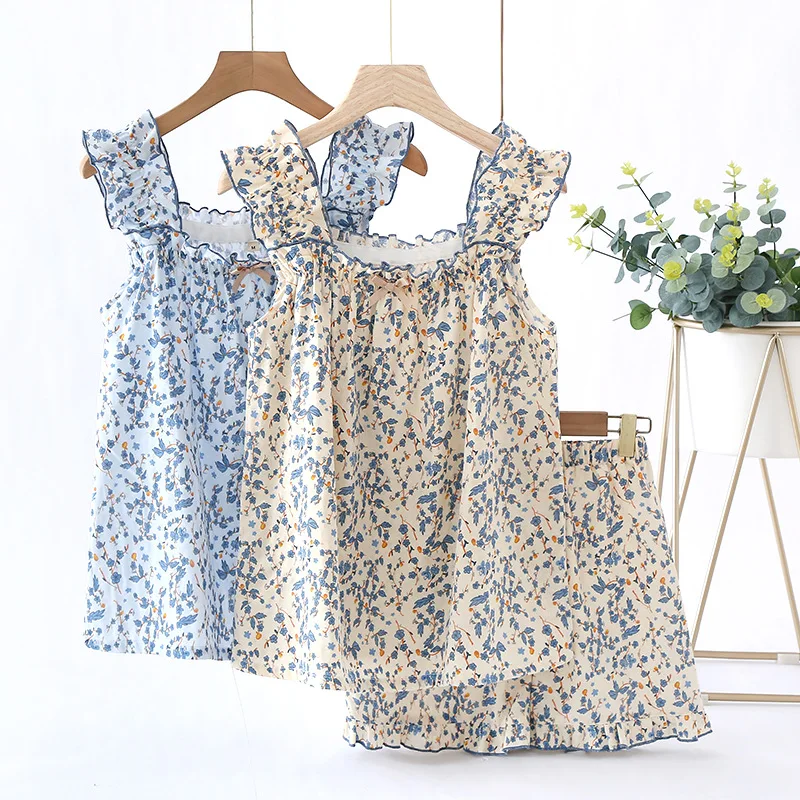 Summer New Women\'s Sleepwear Thin Sleeveless Short Homewear Clothes Cotton Gauze 2 Piece Set Floral Print Home Wear