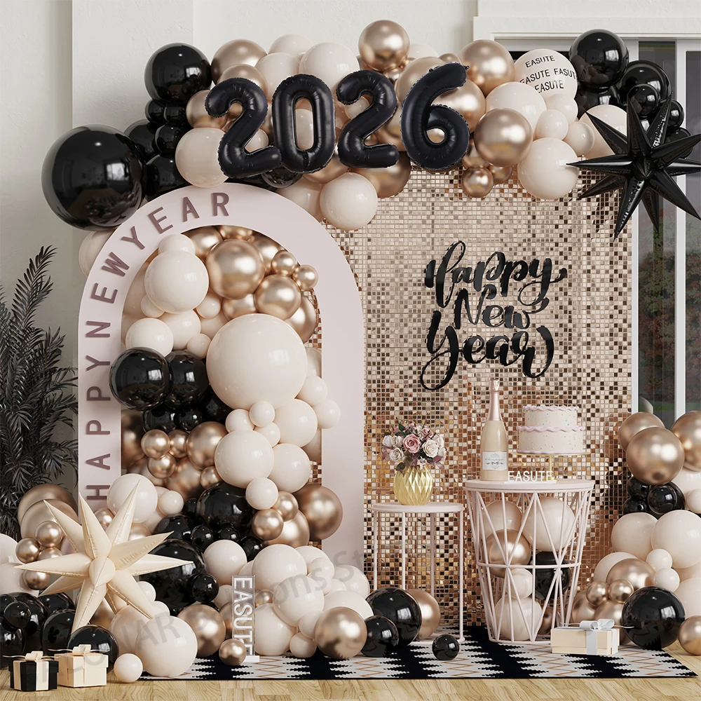 

130pcs New Year Balloon Garland Arch Black Red Metallic Golden Latex Balloons for 2026 New Year Home Party Celebrating Decor