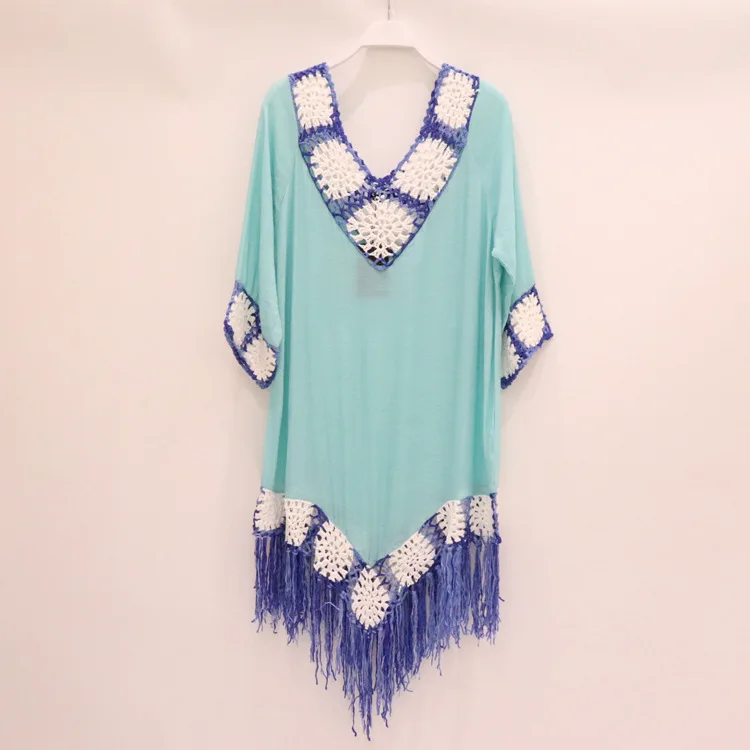 Blue Hand Crochet Fringed Summer Beach Cover-up Dress for Women Tassels Half Sleeve Bohemian Style Sundress Beachwear Tunic