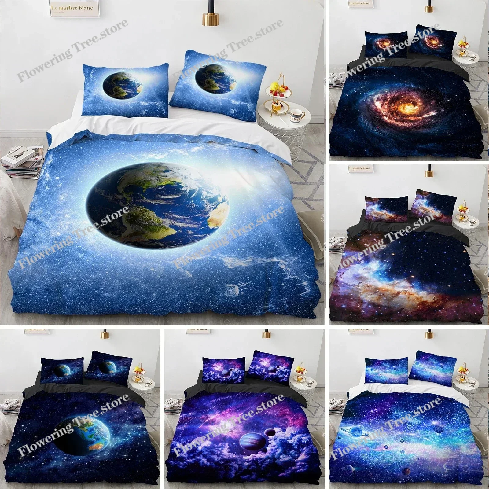 Galaxy Planet King Queen Duvet Cover Universe Sky Bedding Set 3D Blue Earth Outer Space Astronomy Polyester Quilt Cover029
