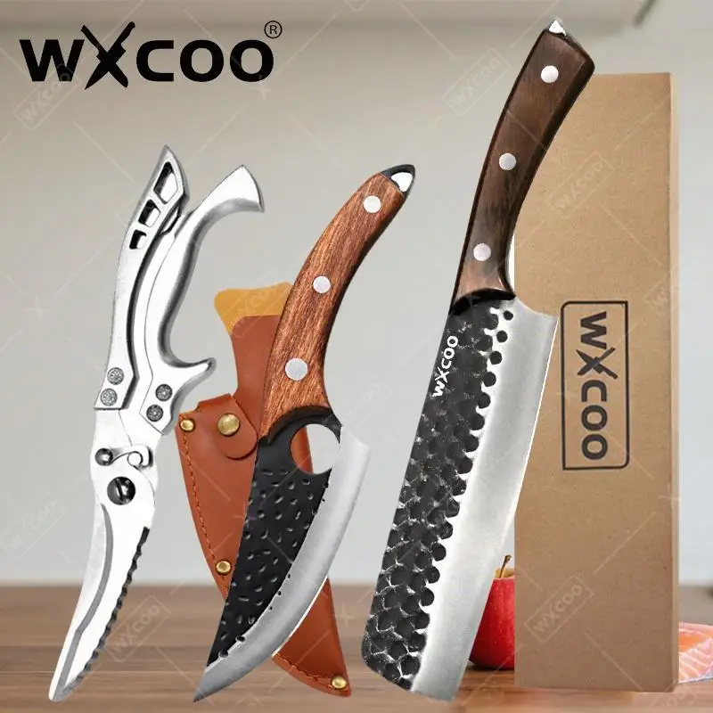 WXCOO Geschmiedetes Ausbein-Küchenmesser, Edelstahl, Holzgriff, handgefertigt, Chefkoch, Metzgermesser, Schere, Hackmesser, Fleisch, Kochmesser