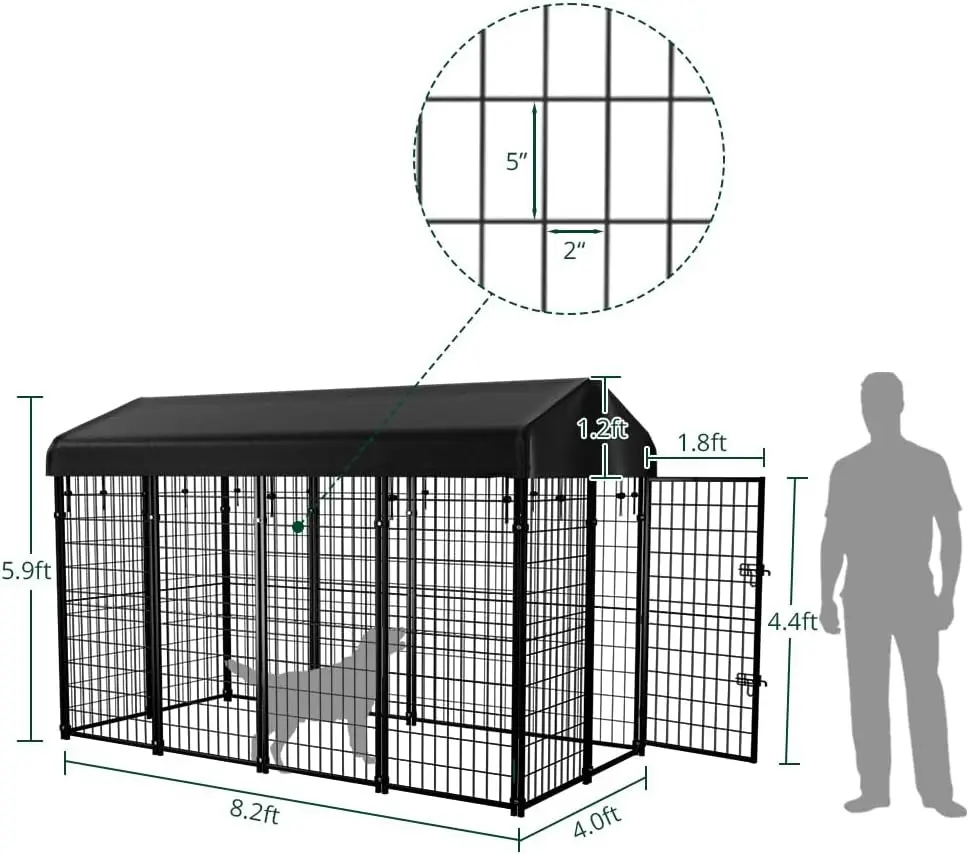 Dog Kennel Outside with Roof, 8'x6'x4' Outdoor Dog Kennels for Large Dogs, Heavty Duty Welded Dog Crate Playpen with UV-Resistan