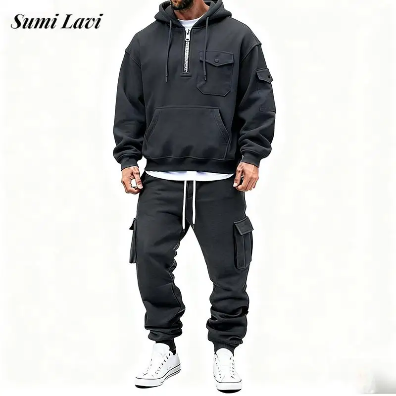

Daily Casual Mens Two Pieces Sets Autumn Winter Fashionable Solid Color Loose Hoodie And Pants Tracksuits Men Vintage Outfits