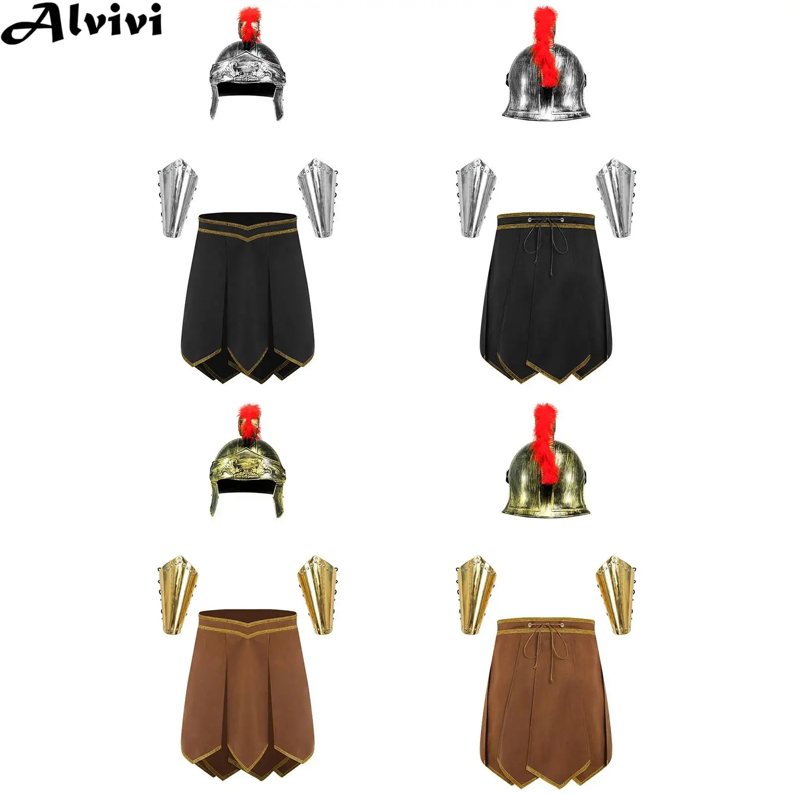 Men Roman Gladiator Spartan Warrior Knight Costume Faux Suede Armor Skirt with Crested Helmet Arm Guards for Halloween Carnival