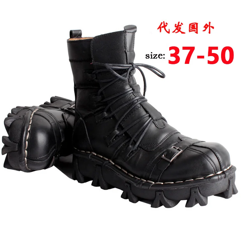 Fashion Men\'s Vintage Genuine Leather Motorcycle Mid-Calf Punk Skull Boots Tactical Combat Boots Male Platform Basic Booties