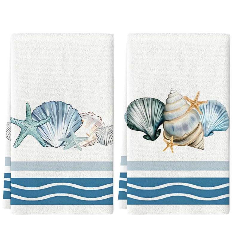 2Pcs, Starfish And Shell Kitchen Towels, 40Cm*60Cm Towel Se…