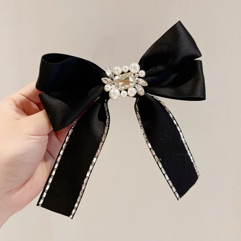 Retro Bow Hair Clip Barrettes Temperament Pearl Rhinestone pin Big Bow-knot Spring Women grip for Girls  Accessories