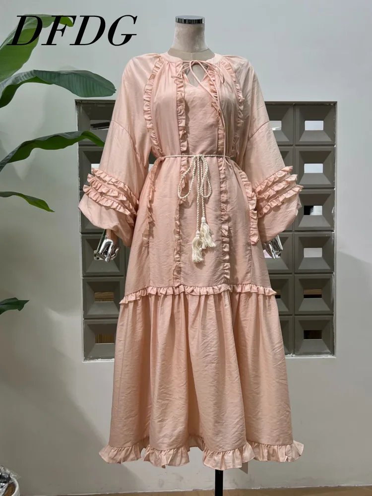

DFDG Designer Women's 2025 Spring Summer Vacation Lace-Up Lantern Sleeve Boho Dress Flowy Loose Beach Resort Elegant Maxi Dress