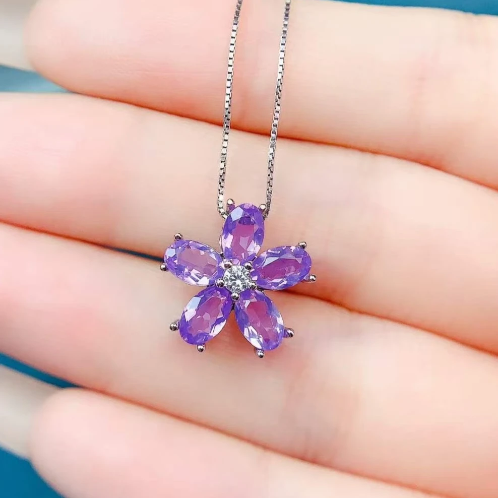 

Certified Natural 4x6mm Amethyst Floral Necklace 925 Sterling Silver Exquisite Craftsmanship Prong-Set Cluster Pendant