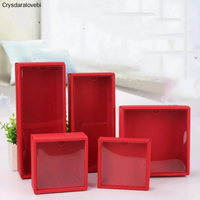 10pcs White Kraft Paper Gift Box With Transparent PVC Window Black Cake Boxes Red Wedding Cookie Candy Packaging Boxes