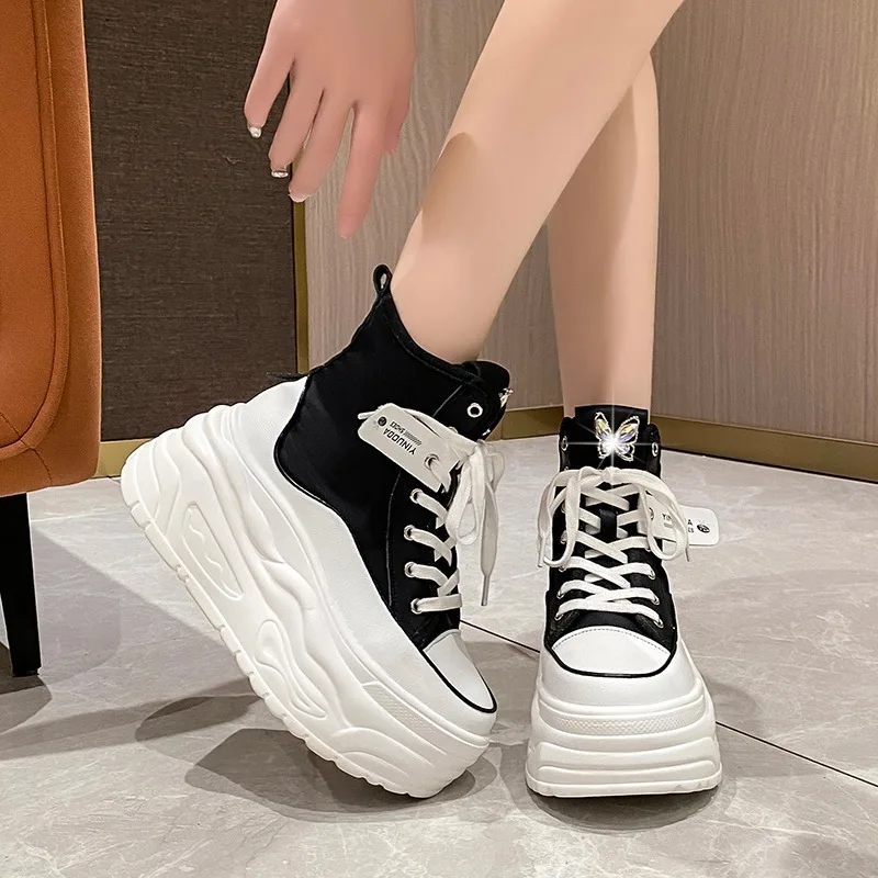 2024 Spring Fashion Women Ankle Boots High Platform Canvas Boots 8CM Wedge Heels Sneakers Woman Autumn Thick Sole Short Boots