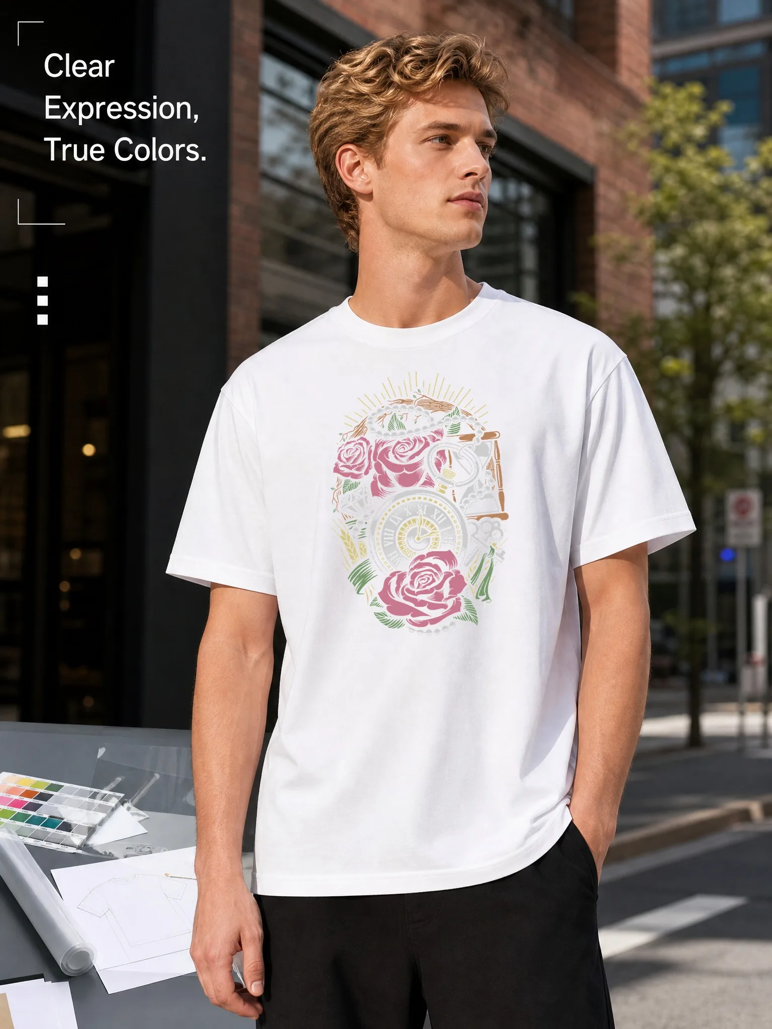 Men's White Round-Neck Short-Sleeved T-Shirt with Rose Clock Print Pattern, Loose Casual Top, Versatile for Everyday Wear, Comfortable and Breathable
