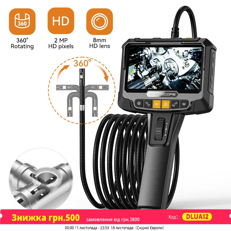 Cámara endoscópica Industrial de dirección de 360 °, boroscopio de inspección de lente única y doble, pantalla IPS de 8mm y 5 ", 1080P, para motor de coche, Pip