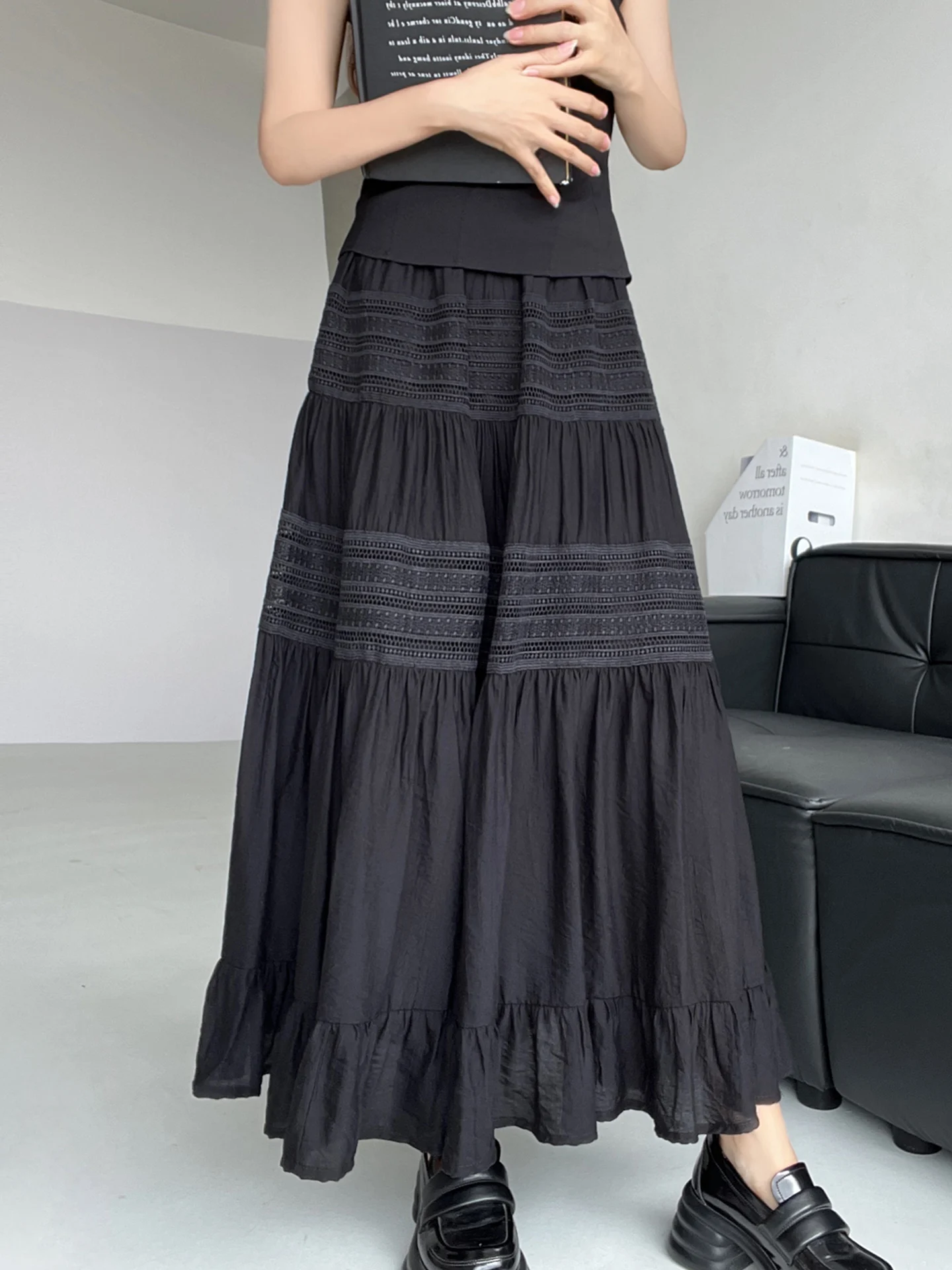 

k Knight Cool Sle Long Bla Lace High Waist A-Line Umbrella Skirt Ci Commuting Casual Outdoor Touring Spring Autumn Wear