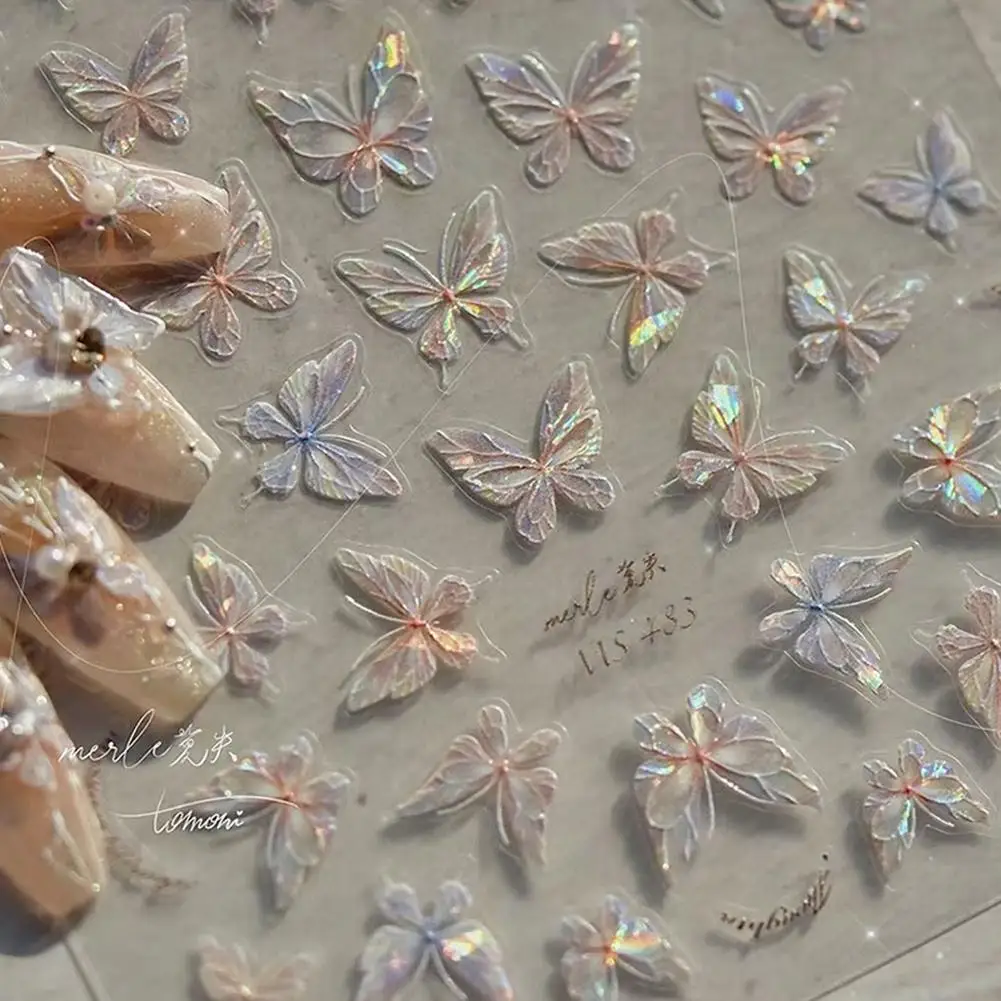 Pegatinas de mariposa para decoración de uñas, calcomanías de mariposa, decoración de uñas Aurora, calcomanías de diseño 5D para uñas en relieve, luz de concha artística DIY Mani K1H3
