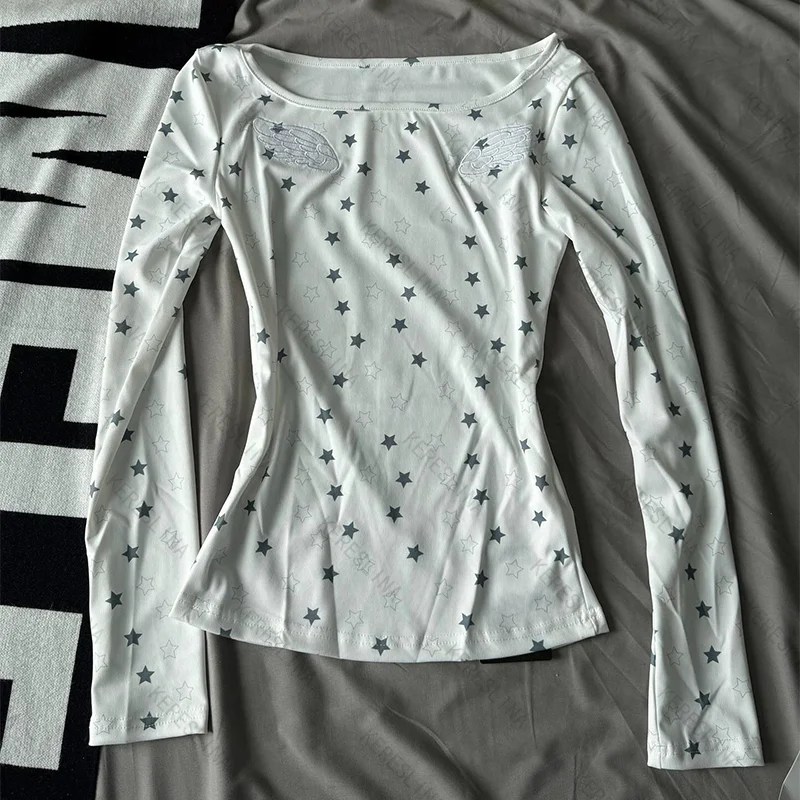 Y2k Sweet Cutie Kawaii Style Girly Star Printed Long Sleeve Round Neck T-shirt Top Spring Autumn Retro Fashion Long Sleeve Top