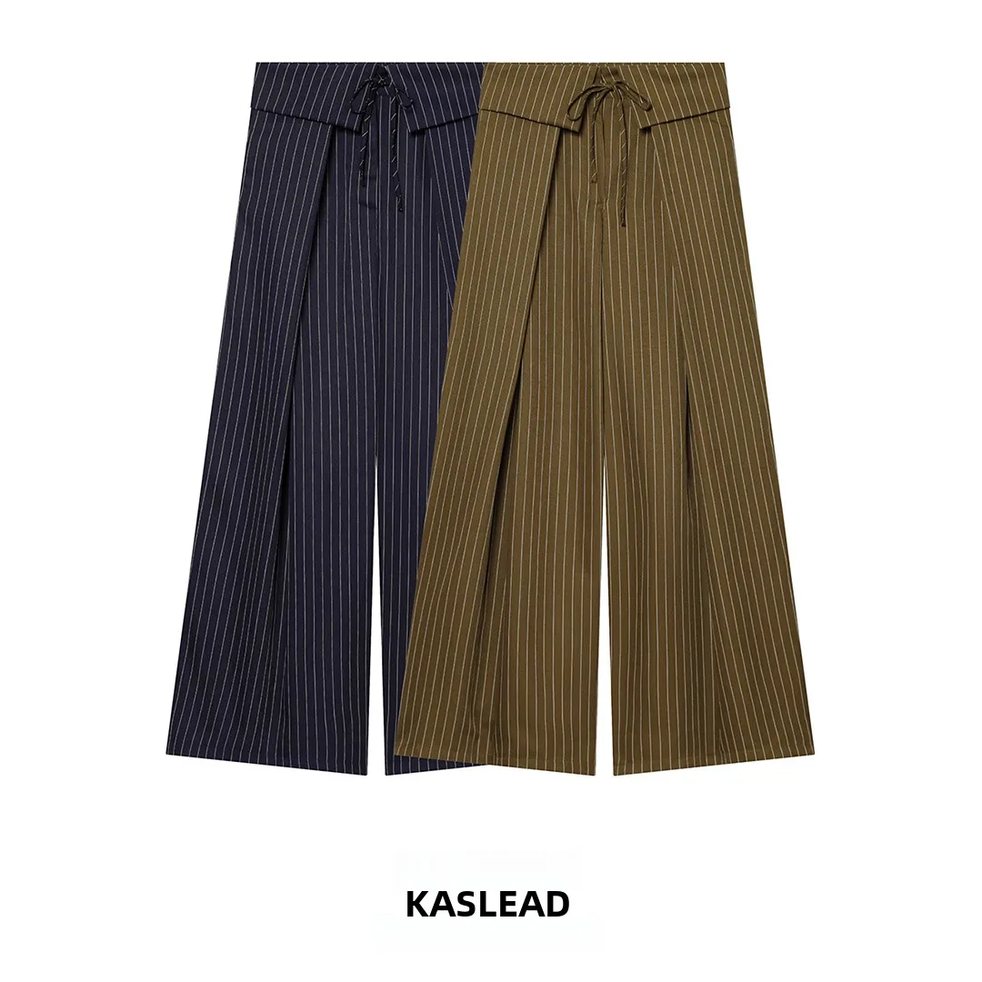 

KASLEAD New Women's Casual Stripe Pants Versatile Simple Style Summer 2026 Natural Waist Wide Leg Polyester Fiber Ladies