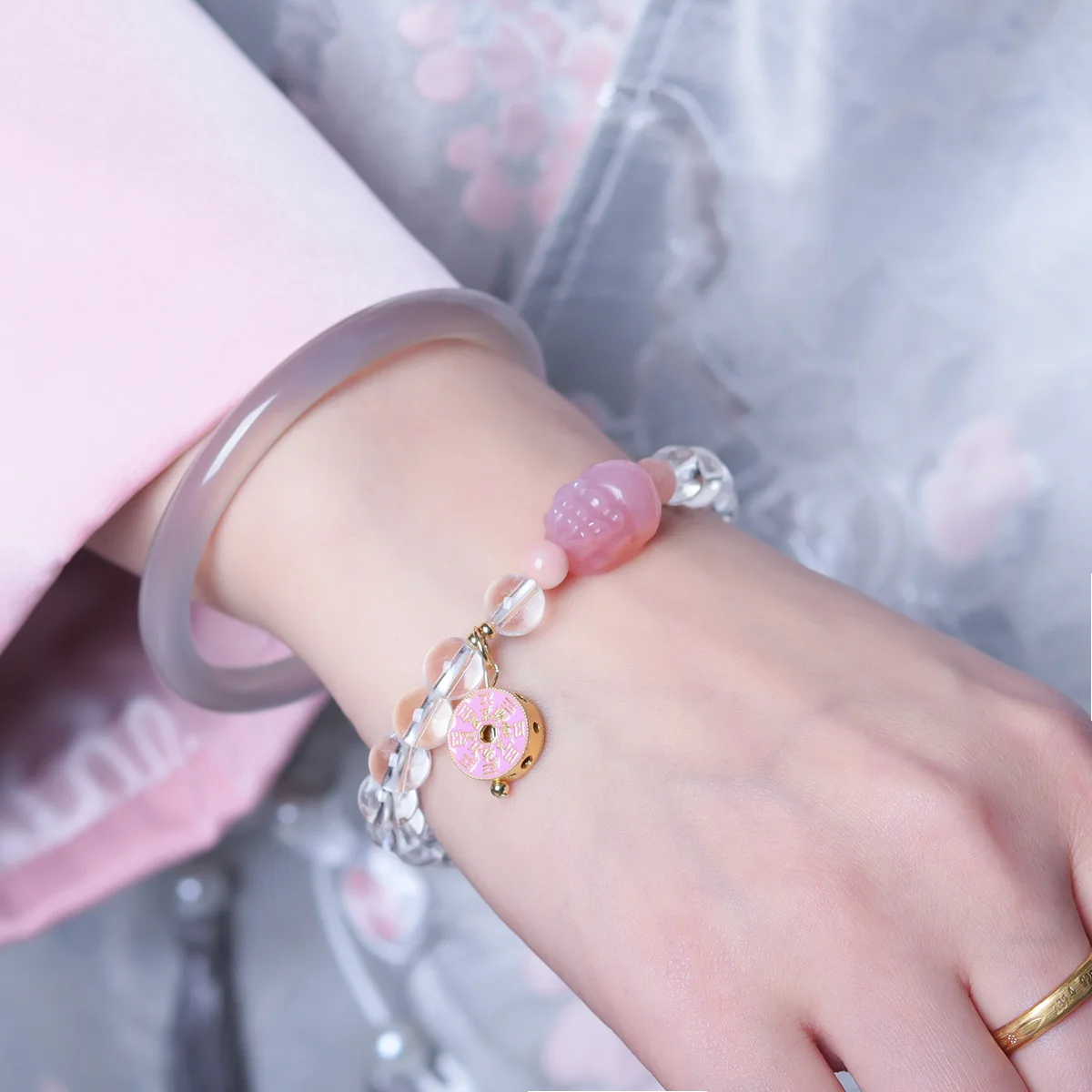 Natural White Crystal Bracelet with Yanyuan Agate Pixiu and Mountain Ghost Pendant Lucky Jewelry for Women Gifts