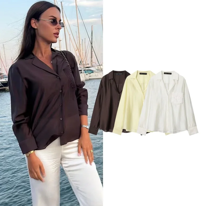 

Woman Shirts&Blouses Multicolored Casual Turn-Down Collar Embroidery Single-Breasted Tees Urban Elegant Chic Tops In Autumn