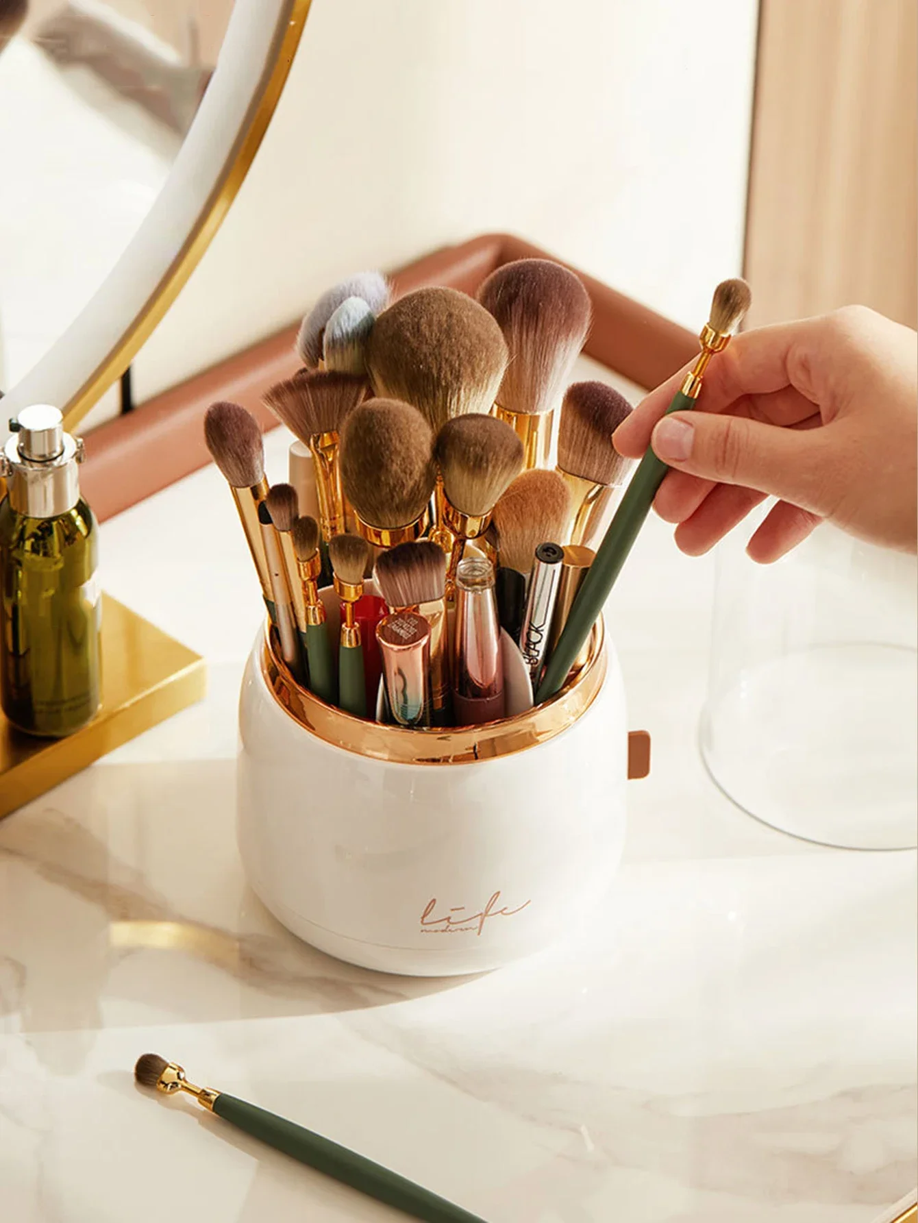 360 Rotating Transparent Makeup Brush Organizer Desktop Cosmetics Storage Box Bathroom Storage Organizers Student Pen Holder Box