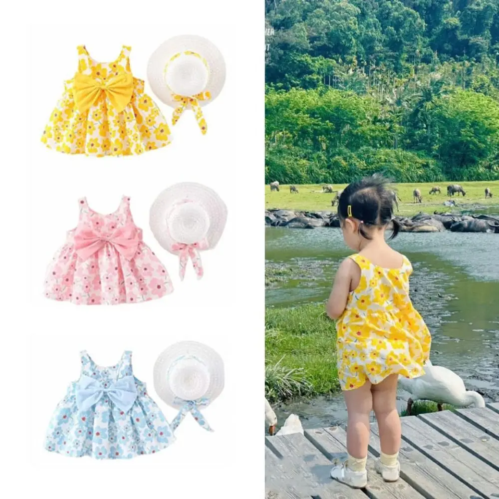 أزياء Bowknot طفلة فستان الأميرة الصيف القطن فستان زهري مع قبعة فضفاضة الحلو الاطفال زهرة فستان هدية عيد ميلاد