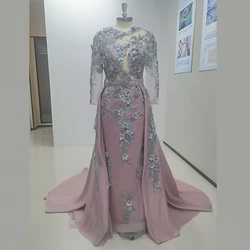 Luxury Evening Dress 2024 Formal Prom Party Gown Long Sleeve Appliques 3D Flowers Detachable Train Elegant Women Vestidos платье