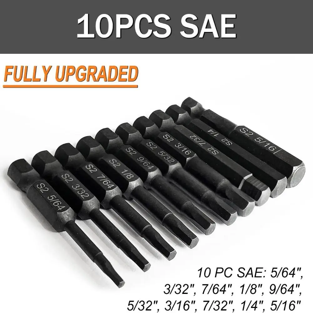 10PCS SAE/Metric Hex Screwdriver Head Allen Wrench Drill Bit Set 1/4\