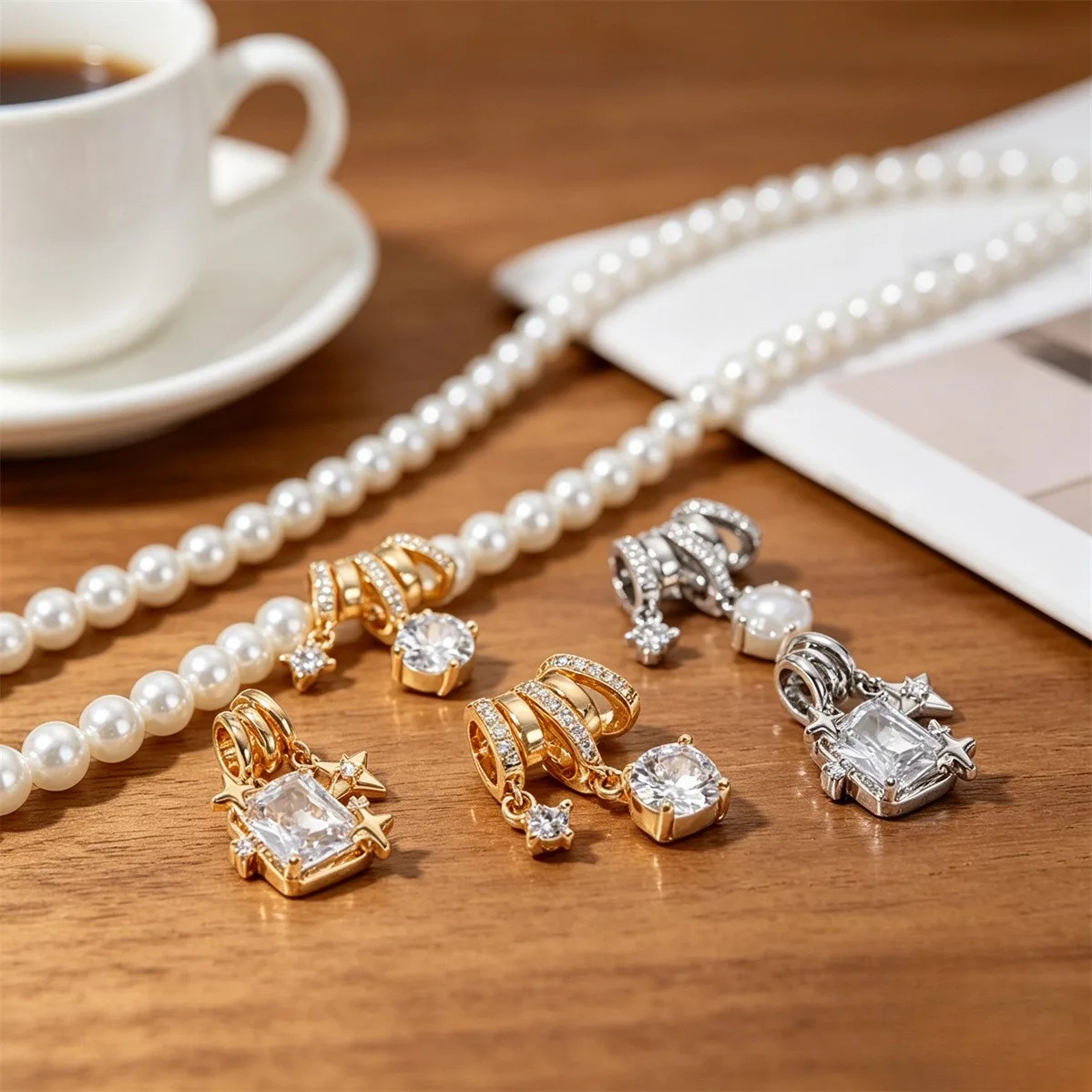 Brass 14K Gold Plated Anti-Tarnish Multi-Layer Tube Bead Twin Rectangle CZ Star Charms for DIY Pearl Necklace Findings