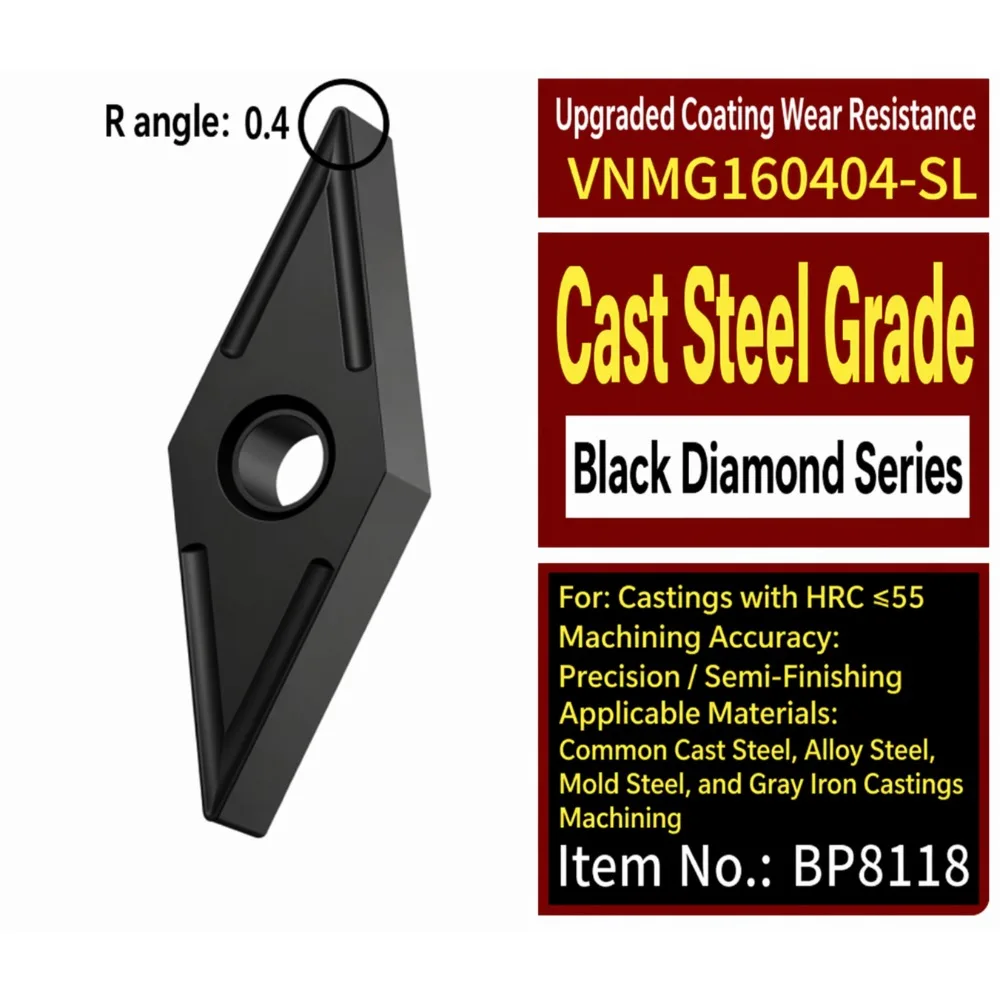 VNMG160404-SL VNMG160408-SL Original Blade Rhombus Outer Circle Machining  Steel Lathe Insert Applicable Hardness: HRC ≤55