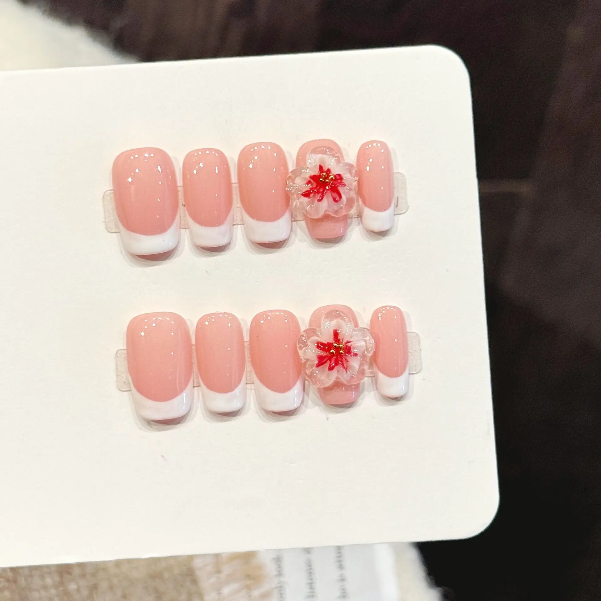 

10 PCS Luxury Handmade Press on Nails Short Ballet French carving style Design with 3-PIECE Tool Adhesive Nail Glue Tabs