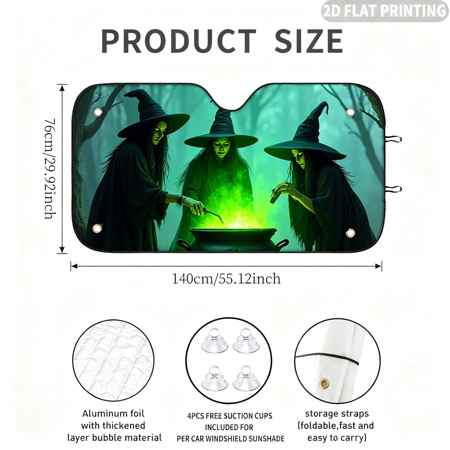 1pc Universal Car Windshield Sunshade, With Three Witches Stir Green Cauldron 2D FLAT Printing Design, A Sunshade With 4 Suction