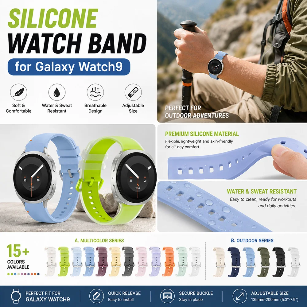 Flexible Waterproof Silicone Watch Strap for Samsung Galaxy Watch 9   Anti‑sweat Sport Replacement Band for Watch 8