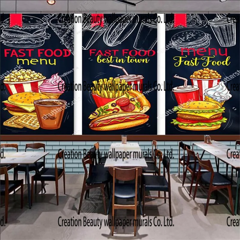 

Blackboard Hand Painted Burger Pizza Snack Bar Decor Wallpaper Fast Food Restaurant Industrial Decor Custom Mural 3D Wallpaper