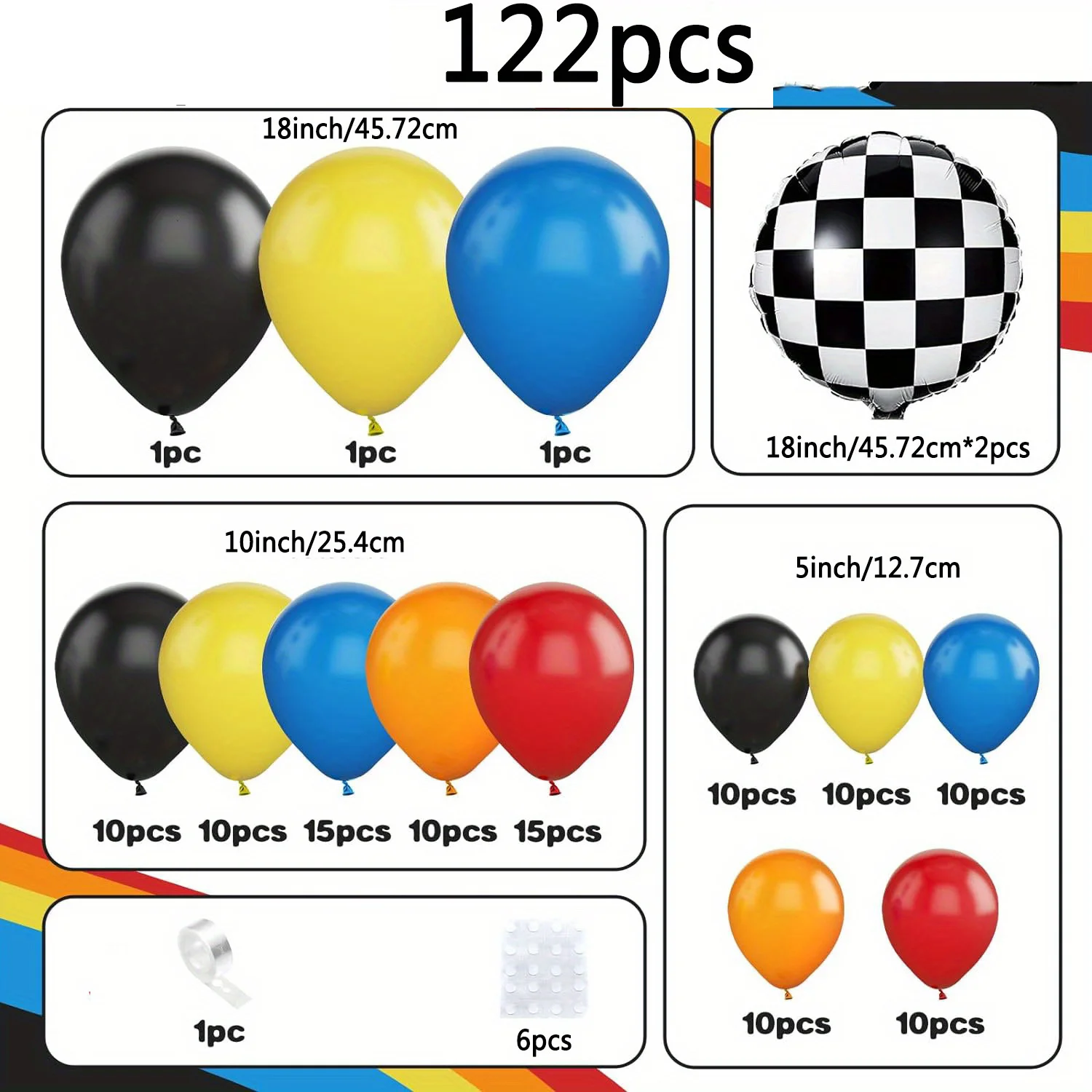 Popular 122 Pcs Racing Balloon Kit with Orange Black Blue Red Yellow Balloons for Decorating Diverse Party Occasions