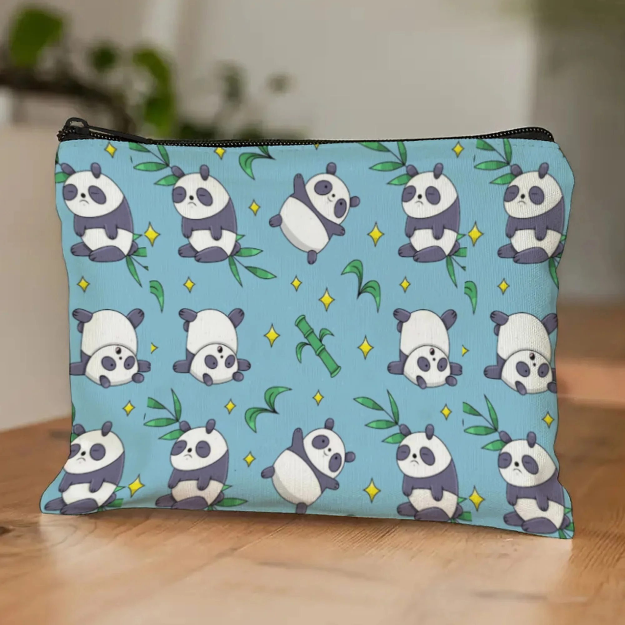Adorable Cartoon Panda Cosmetic Bag Panda Prints with Bamboo Accents Lightweight Zipper Pouch for Travel & Makeup Storage
