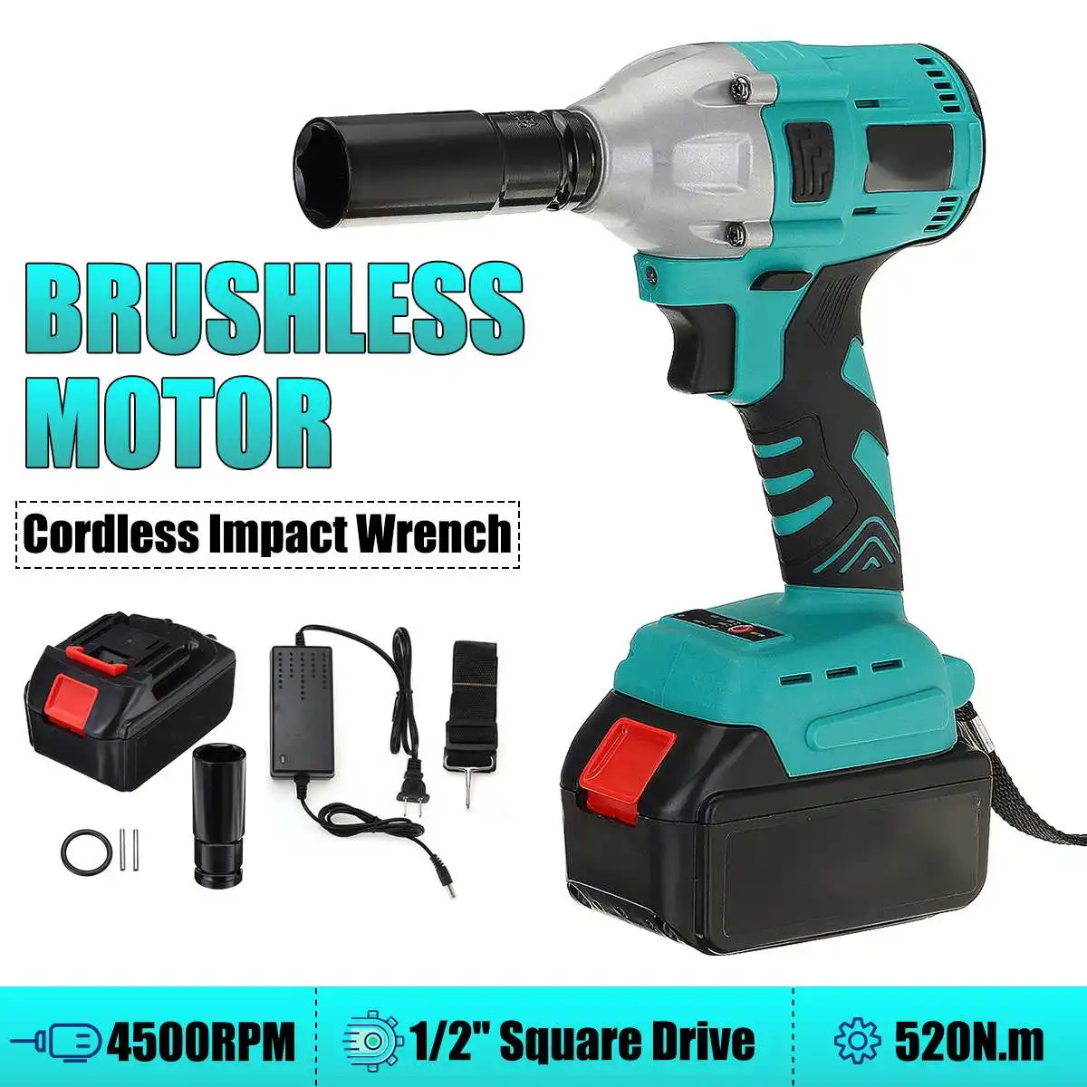 

520Nm 4500rpm Brushless Cordless Electric Impact Wrench Rechargeable 1/2" Socket Wrench Power Tool with Lithium Battery