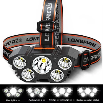 Usb قابلة للشحن 5 Led المصباح السوبر مشرق رئيس شنت مصباح يدوي قوي المدمج في بطارية في الهواء الطلق قابلة للشحن ليلة الصيد