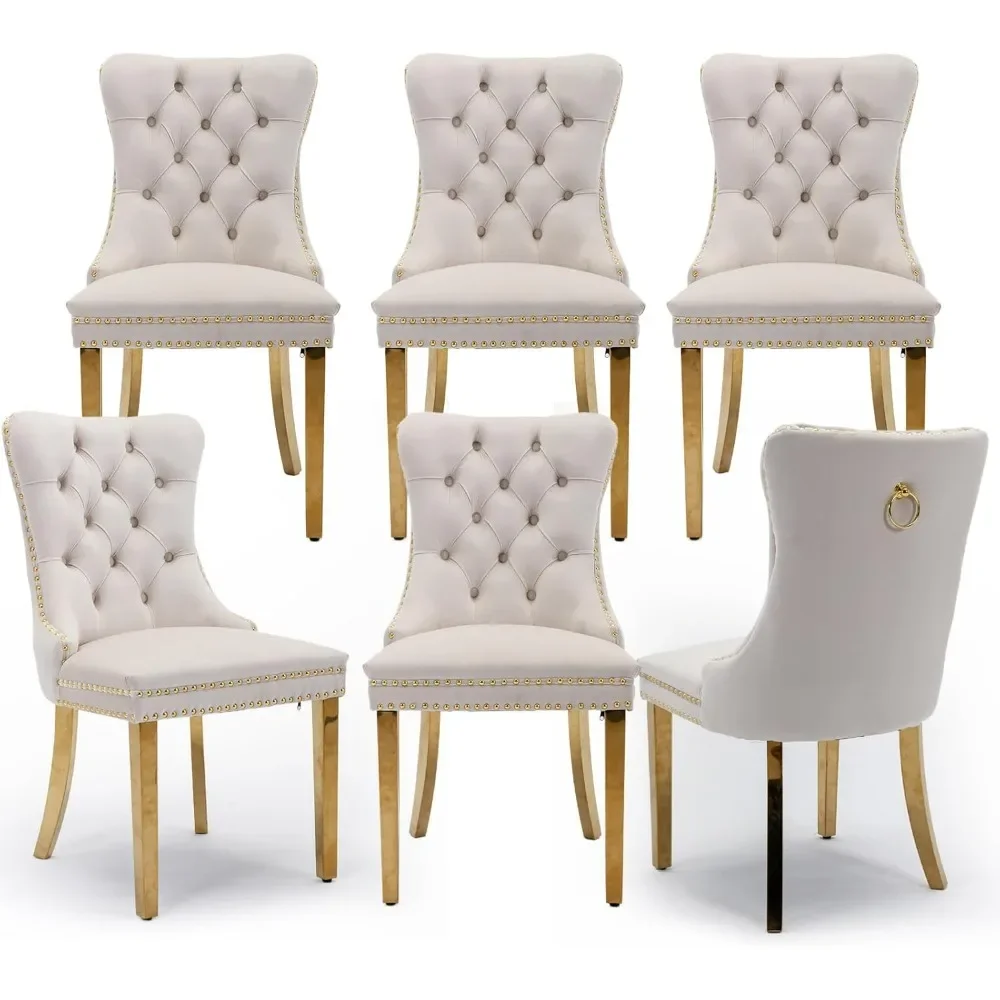 Velvet Upholstered Dining Chairs Set of 6, Nailhead Trim and Gold Plated Leg, Metal Pulling Ring, Modern Style Kitchen Chairs