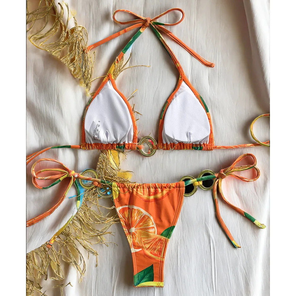 sexy orange lemon fruit print bikinis sets two pieces metal ring micro swimsuits bathing suit swimwear biquini tankini trikini