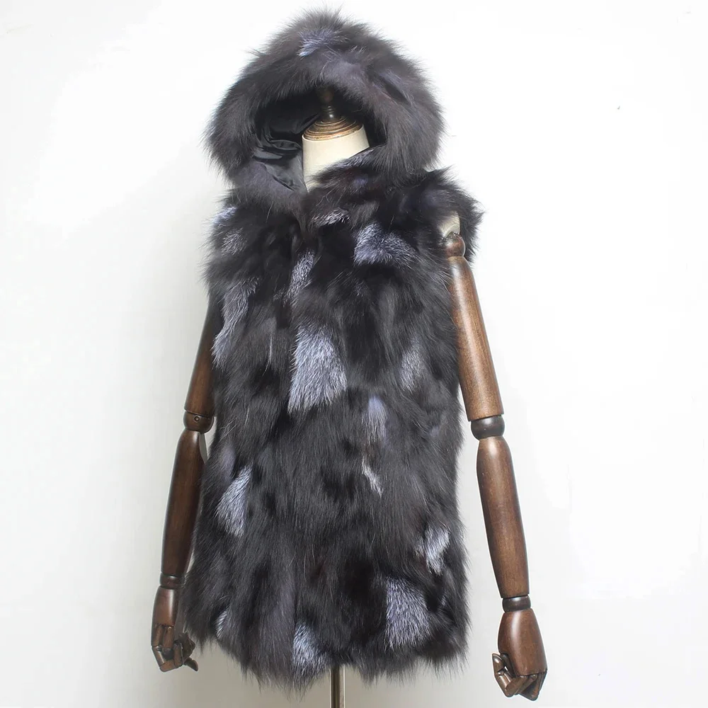 Women Real Fox Fur Vest Hooded Fashion 100%Natural Silver Fox Fur Waistcoat Coat Lady Long Style Genuine Fur Sleeveless Coat