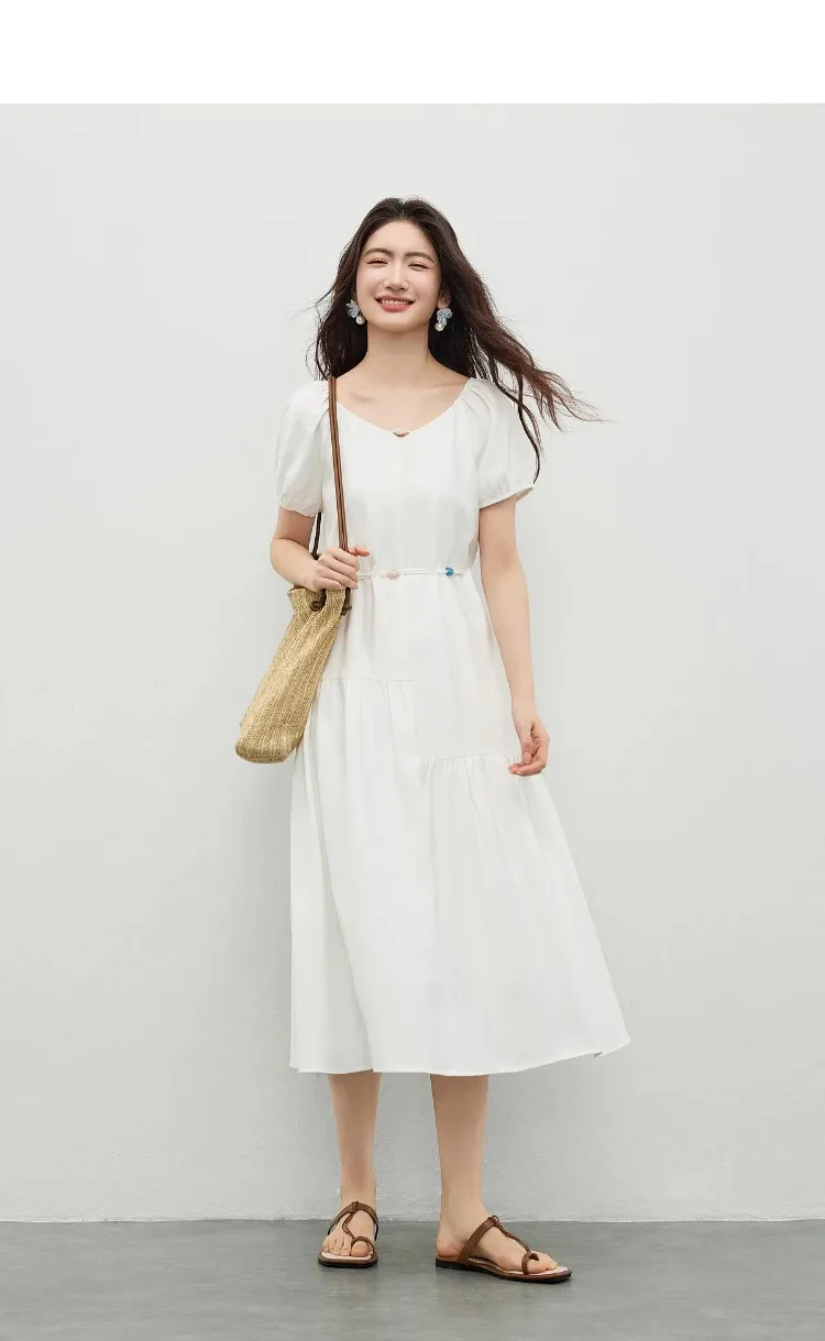 SENTUBILA Damen A-Linien-Kleid, weiß, V-Ausschnitt, asymmetrischer Schnitt, farblich abgesetzte Details, mit Perlen verziert, mit Bändern, kurze Puffärmel, Kleid 162LO5948 – Detail 11